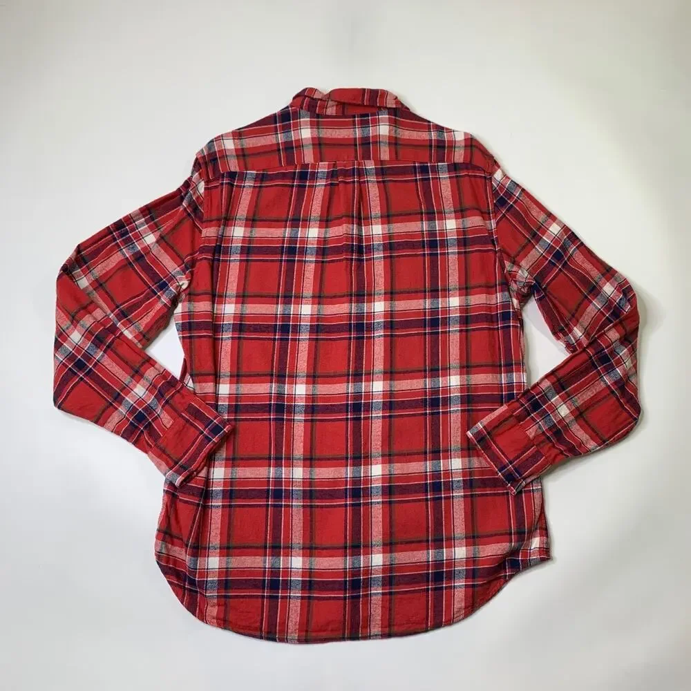 J Crew Shirt Mens L Large Classic Flannel Plaid Curved Shirttail Hem Button Up
